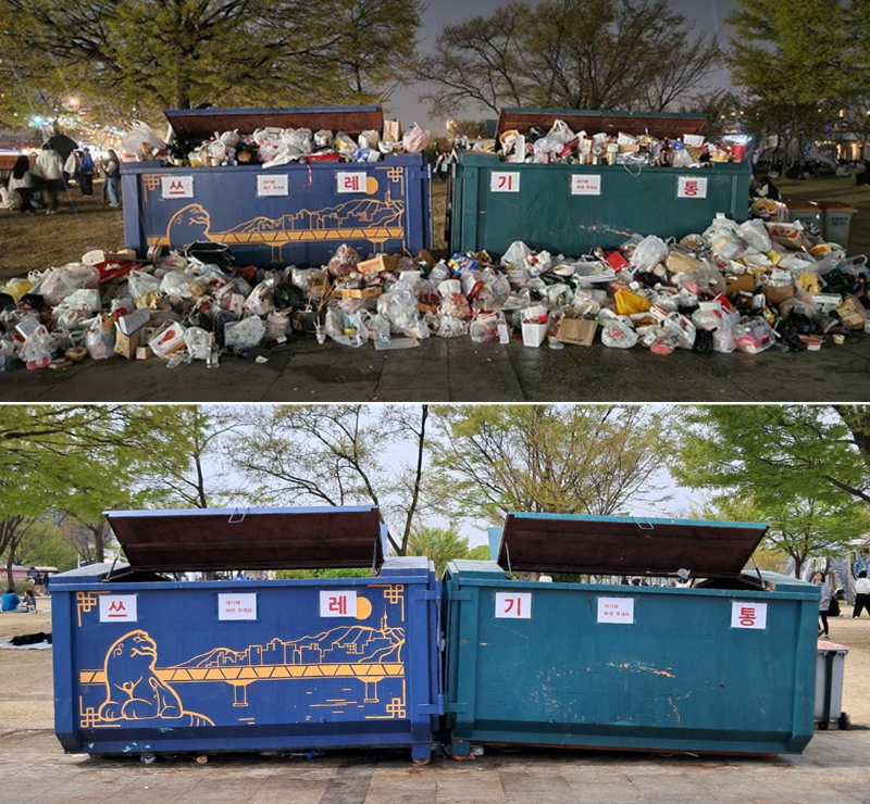 여의도 한강공원의 야간에 버려진 쓰레기(위)와 다음 날 오전 쓰레기를 치운 모습(아래) 서울시 제공