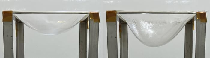 일본 연구진이 폴리락트산(PLA)에 초고분자량 LAHB를 첨가해 만든 투명한 플라스틱(왼쪽)은 PLA로 만든 플라스틱보다 용융 장력이 뛰어나다. 고상호 제공