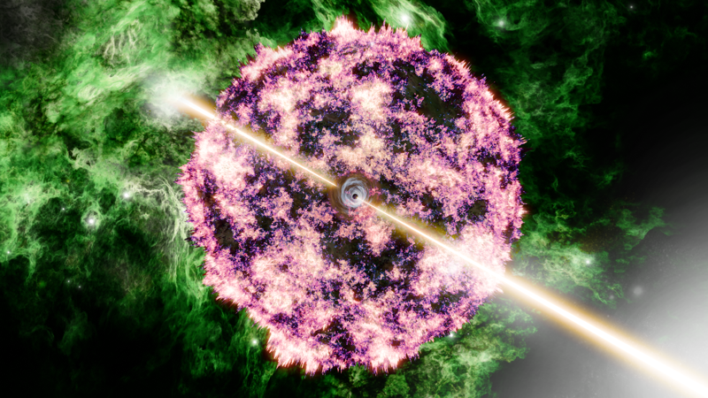 노스웨스턴 대학교 피터 블랜차드 박사후연구원과 연구진은 제임스 웹 우주 망원경으로 초신성을 처음으로 감지, GRB 221009A가 대량성 별의 붕괴로 인한 결과임을 확인했습니다. 연구진은 이 사건이 호스트 은하의 밀집한 별 형성 지역에서 발생했음을 관측했습니다. 이 사진은 GRB 221009A에서 비롯된 좁은 상대론적 제트와 초신성 폭발을 통해 발사된 별의 잔해를 보여주고 있습니다. 애런 M. 겔러 제공
