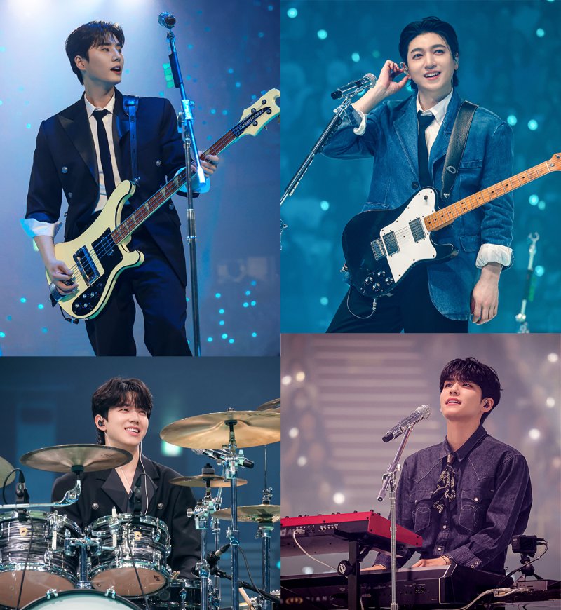 [서울=뉴시스] 밴드 '데이식스(DAY6)'가 14일 오후 서울 잠실실내체육관에서 단독 콘서트 '웰컴 투 더 쇼(Welcome to the Show)'를 펼치고 있다. 최근 발매한 미니 8집 '포에버' 타이틀곡 '웰 컴 투 더 쇼'로 시작한 이날 공연은 360도 무대를 중심으로, 좌석 규모를 최대화해 관객 수용력을 높였다. 보통 해당 공연장에서 콘서트를 여는 경우 5000~6000명이 모이는데 이날 1만1000명 이상이 운집할 수 있었던 이유다. 지난 12일부터 총 3회 공연이 열려 3일간 총 3만4000명이 몰렸다. 자체 최대 규