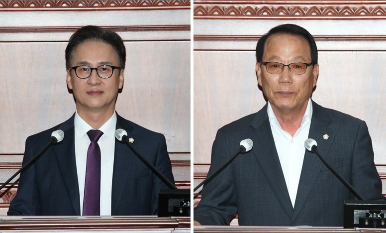 [정읍=뉴시스] 15일 열린 정읍시의회 제293회 임시회 제1차 본회의, 고성환 의원(왼쪽)과 최재기 의원이 '5분 자유발언'을 하고 있다. (사진=정읍시의회 제공) 2024.04.15. photo@newsis.com *재판매 및 DB 금지