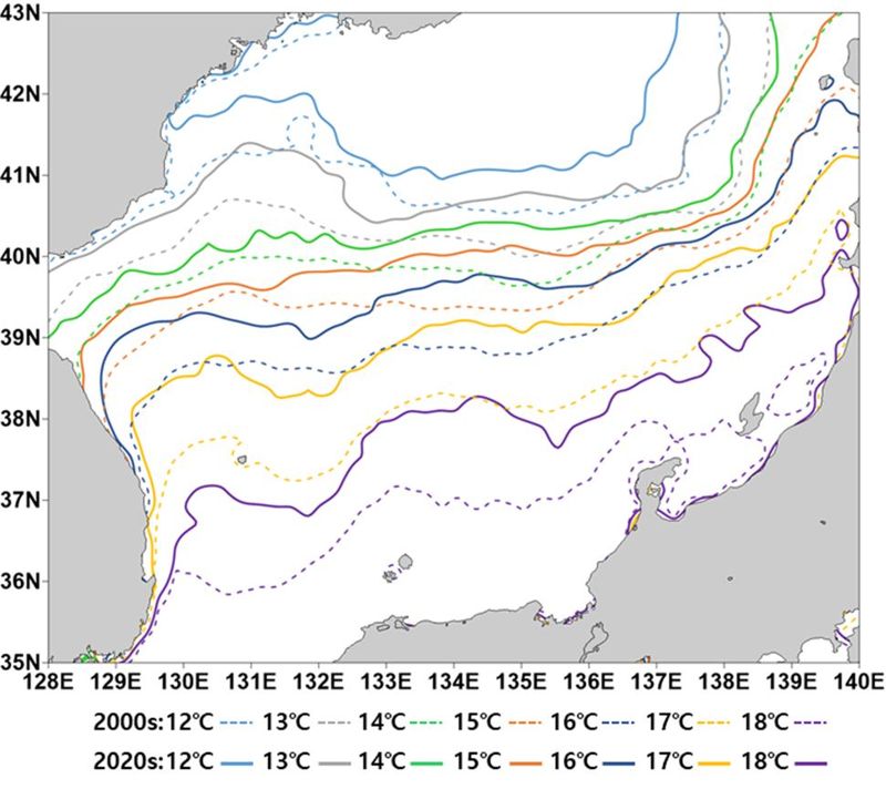 한반도 동해상 해역 등수온선의 변화도. 살펴보면 남쪽 더운물의 20년간 북상 면적이 북쪽 저수온층보다 넓음을 확인할 수 있다. 자료=국립수산과학원 제공