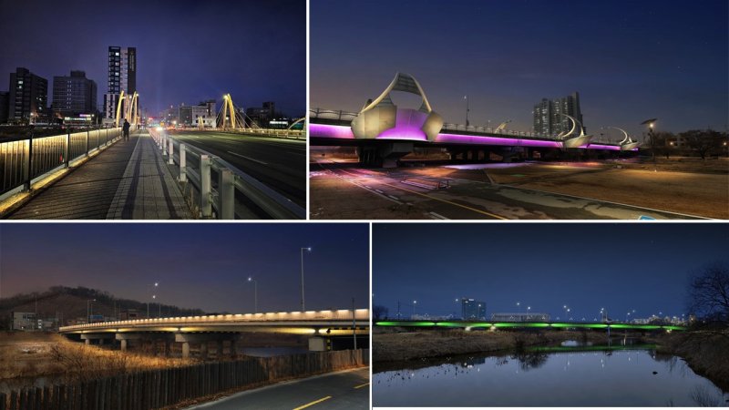 [오산=뉴시스] 오산천 교량 야간경관 조감도. 위 왼쪽부터 시계방향으로 남촌대교·은계대교·금오대교·탑동대교