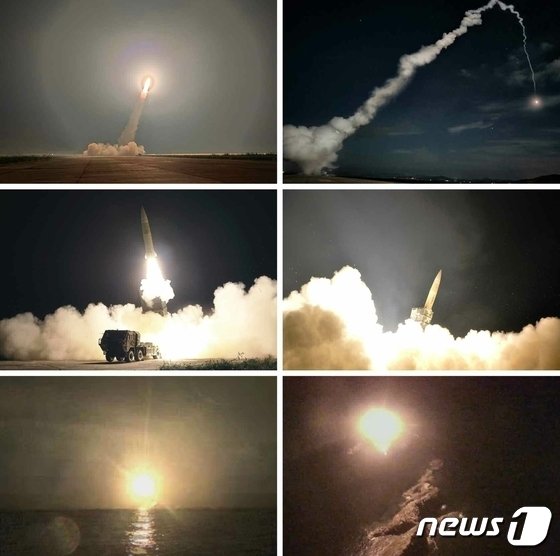 (평양 노동신문=뉴스1) = 북한의 단거리탄도미사일(SRBM) 발사 모습. [국내에서만 사용가능. 재배포 금지. DB 금지. For Use Only in the Republic of Korea. Redistribution Prohibited] rodongphoto@news1.kr