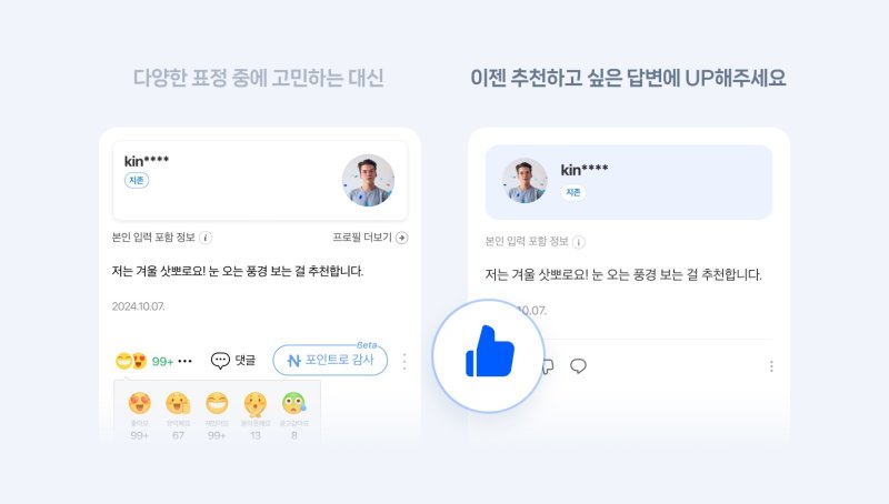 기존에는 지식iN 답변에 대해 5가지 표정을 반응할 수 있었으나, 보다 편리하고 직관적인 사용성을 위해 UP/DOWN 기능으로 변경됐다. (사진=네이버 제공) *재판매 및 DB 금지