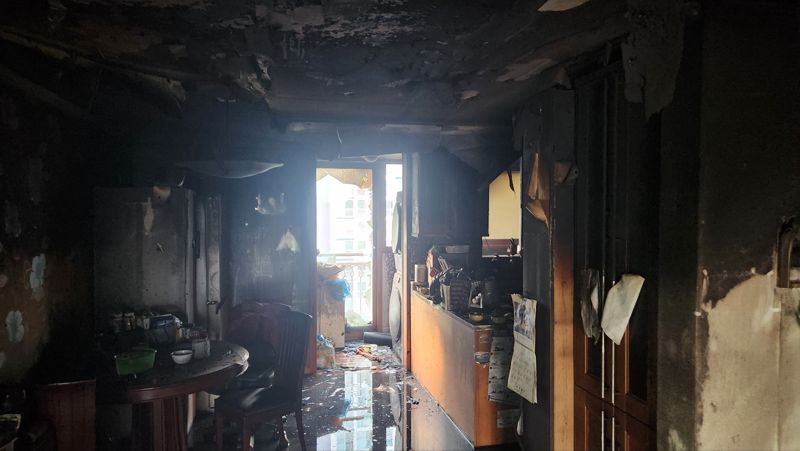 25일 오후 5시 3분께 부산시 남구 용호동의 한 아파트에서 불이 났다. 부산소방재난본부 제공