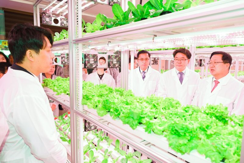이장우 대전시장(맨 오른쪽)이 2일 개장식이 열린 동구 삼성동 테마형 대전팜에서 재배 식물들을 살펴보고 있다.