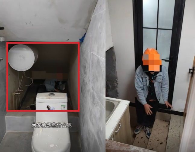 화장실 변기와 침대가 함께 있는 아파트가 중국 상하이의 비싼 임대료 문제를 재조명했다. 왼쪽 사진 붉은색 네모 부분이 침실이다. 사진=더우인