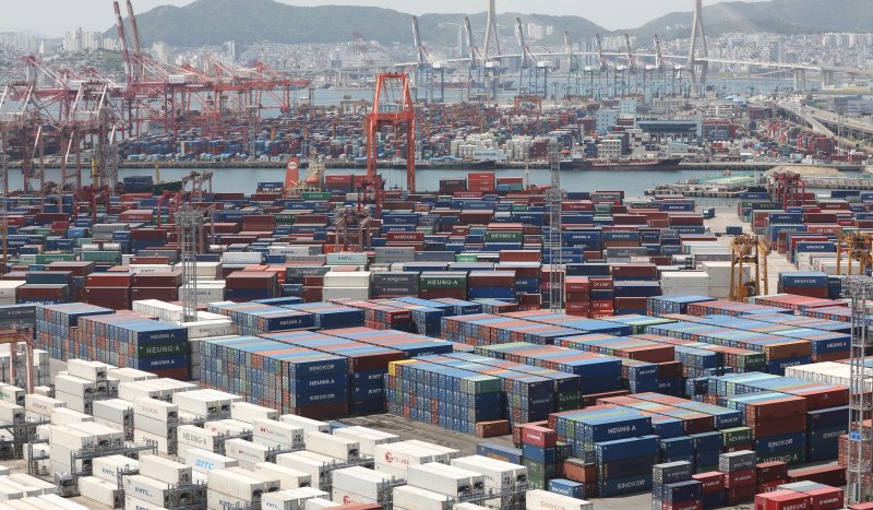 25일 부산항 신선대부두와 감만부두 야적장에 컨테이너가 가득 쌓여 있다. 2024.4.25/뉴스1 ⓒ News1 윤일지 기자