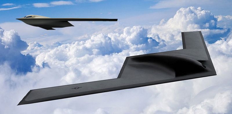 미 공군의 신형 스텔스 전략폭격기 B-21 '레이더' 그래픽 이미지, 노스롭 그루먼사가 제작한 냉전 이후 첫 미국의 신형 전략폭격기로 인공지능(AI)을 탑재했다. 대당 가격은 6억9200만~7억달러로 추정된다. 탑재 중량은 3만파운드(약 15t)로 핵무기 탑재가 가능하며, 2026~2027년까지 100기를 생산, 실전 배치할 것으로 전망된다. B-21의 정확한 기능과 능력은 극비로 아직도 많은 부분이 베일에 가려져 있다. 공대공(Air-to-air) 전투 능력과 네트워크로 연결된 군집 드론들의 '공격 지휘 사령부(quarterbac