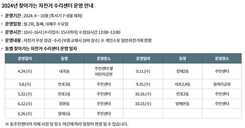 서초구 '2024 찾아가는 자전거수리센터' 운영일정 [서초구 제공. 재판매 및 DB 금지]