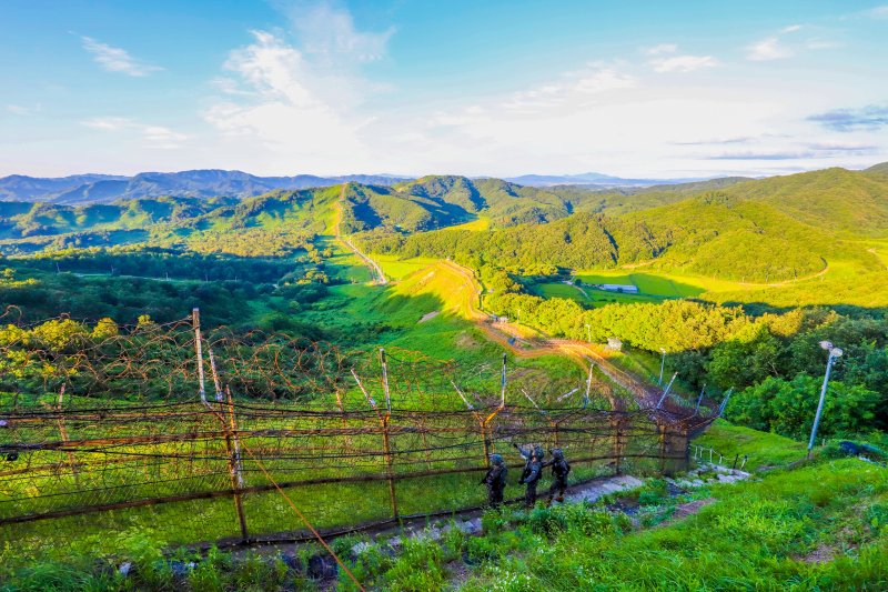 [연천=뉴시스] 육군 5사단 GOP 장병들이 철책을 따라 경계작전을 수행하고 있다. (사진=육군 제공) 2024.05.23. photo@newsis.com *재판매 및 DB 금지