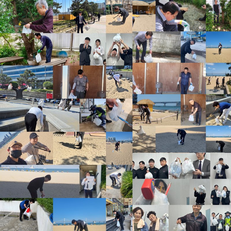 호텔 아쿠아펠리스 직원들이 부산 광안리 해변 정화활동을 하고 있다(아쿠아팰리스 제공)