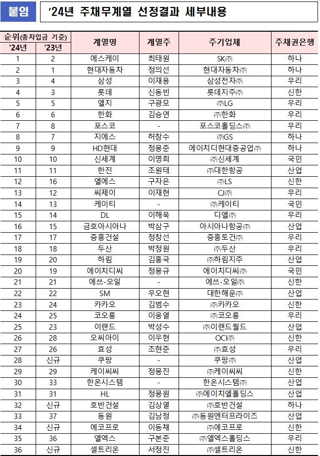 2024년 주채무계열 선정결과 세부내용. 자료=금감원 제공