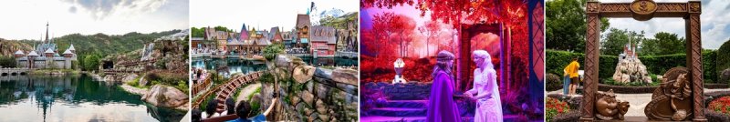 [여행honey] "영웅들과 함께 세계를 구해요" 왼쪽부터 겨울왕국 전경, '떠돌이 오큰의 슬라이딩 썰매', '숲속의 플레이하우스' 공연, 동화정원 [사진/백승렬 기자]