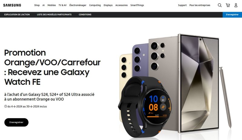 [서울=뉴시스] 7일 업계에 따르면 벨기에·프랑스 삼성닷컴은 이달 30일까지 갤럭시 워치 FE 관련 이벤트를 진행한다. 특정 이동통신사 요금제로 갤럭시 S24 시리즈를 구매한 뒤 8월30일까지 삼성 홈페이지에 기기 등록을 마치면 갤럭시 워치 FE를 무료로 준다는 내용이다. (사진=벨기에·프랑스 삼성닷컴 홈페이지 캡처) *재판매 및 DB 금지