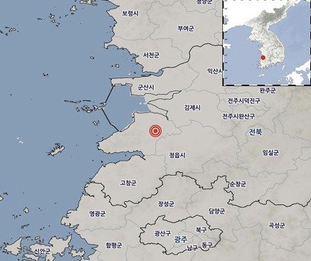 12일 오전 8시 26분쯤 전북 부안군 남남서쪽 4㎞ 지역에서 규모 4.8의 지진이 발생했다 . 사진은 지진이 발생한 지점. (광주지방기상청 제공) 2024.6.12/뉴스1 ⓒ News1 이승현 기자