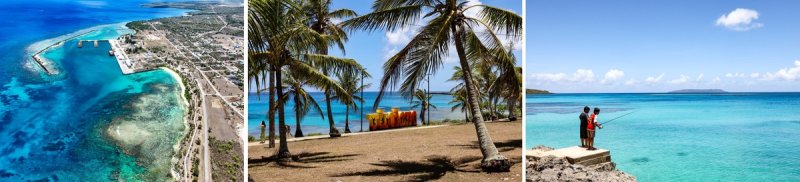 [imazine] '환상의 낙원' 사이판·티니안 ② 왼쪽부터 산호세마을과 티니안 항구, 타가비치의 티니안 조형물, 타가비치에서 낚시하는 아이들[사진/백승렬 기자]