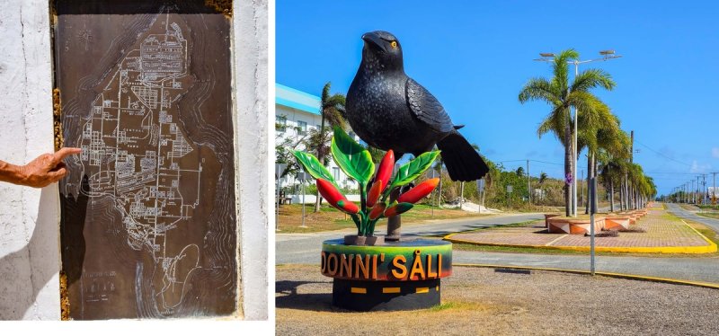 [imazine] '환상의 낙원' 사이판·티니안 ② 왼쪽부터 맨해튼을 연상시키는 티니안 도시계획 설명 표지판, 브로드웨이 거리의 '살리' 새 동상 [사진/백승렬 기자]