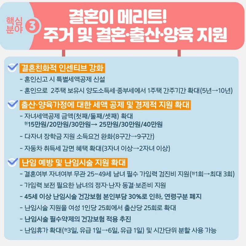 저출생 추세 반전을 위한 대책 중 주거 및 결혼 출산 양육 부문 추진 과제. 자료:저출산고령사회위원회