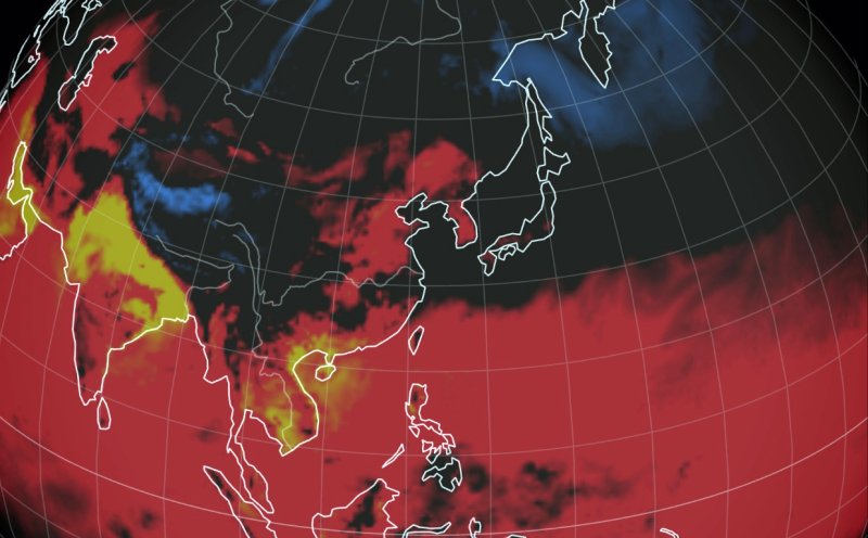 사진은 세계 기상 정보 비주얼 맵인 어스윈드맵으로 확인한 이날 오후 14시 한반도 주변이 기온과 불쾌지수로 붉게 표시되고 있다. (어스윈드맵 캡처)2024.6.19/뉴스1