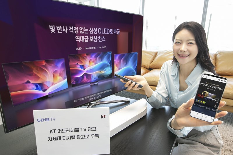 [서울=뉴시스]KT가 자사 IPTV인 지니 TV와 모바일 간 연동한 이용 행태 빅데이터를 분석한 결과를 발표했다. 사진은 KT 어드레서블 TV 광고를 소개하는 모습. (사진=KT 제공)