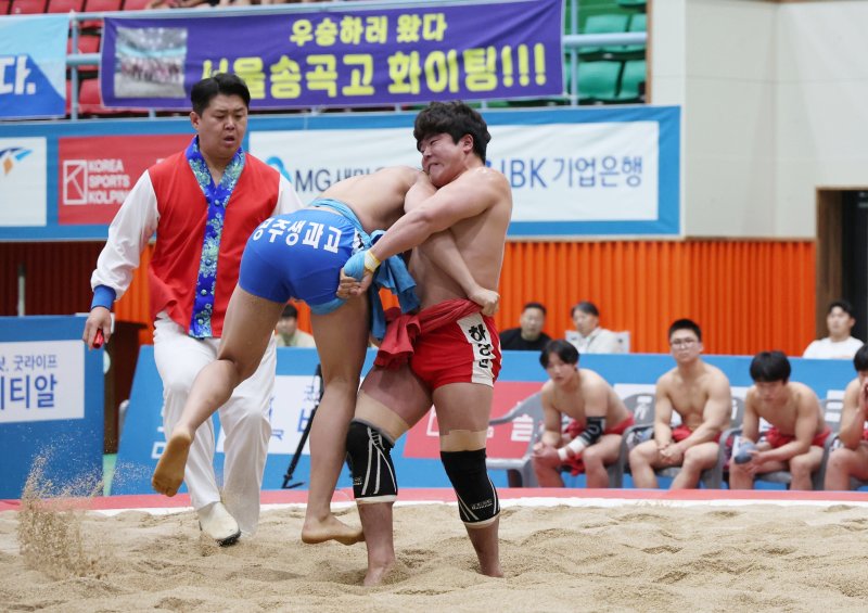 20일 개막한 '괴산유기농배 전국장사씨름대회'에서 선수들이 모래판 최강자 타이틀을 놓고 자웅을 겨루고 있다.(괴산군 제공)/뉴스1