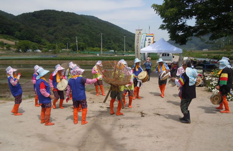 전남도는 농업환경보전 프로그램이 지속 가능한 친환경농업 실천과 농촌의 자연경관 보호는 물론 전통 농경문화 보전과 주민 화합에도 큰 역할을 하고 있다고 24일 밝혔다. 사진은 담양 청촌마을의 풍악놀이·손모내기 시연 행사 모습. 전남도 제공