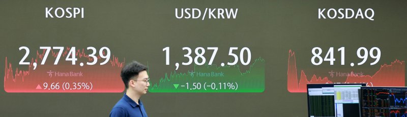 25일 오후 서울 중구 하나은행 딜링룸 전광판에 지수가 표시되고 있다. 사진=뉴시스