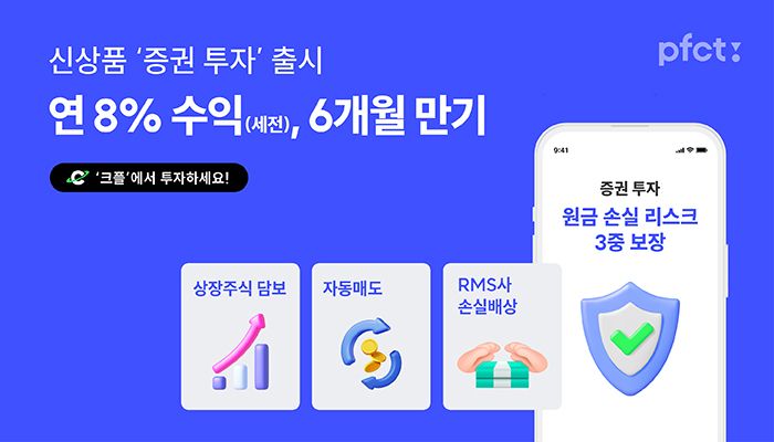 온투금융사 피에프씨테크놀로지스(구 피플펀드)가 RMS사 유캔그린()과 손잡고 연 8%(세전), 6개월 만기의 ‘증권 투자’ 상품을 출시한다고 25일 밝혔다. PFCT 제공