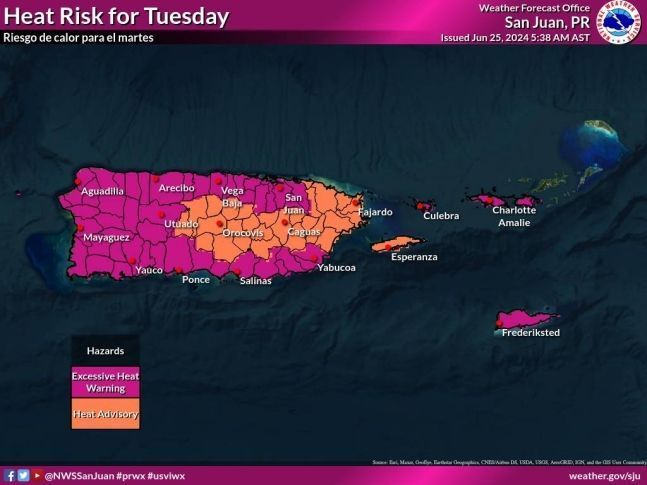 미국 기상청이 푸에르토리코 폭염특보 발효 지역을 표시한 지도/사진=연합뉴스