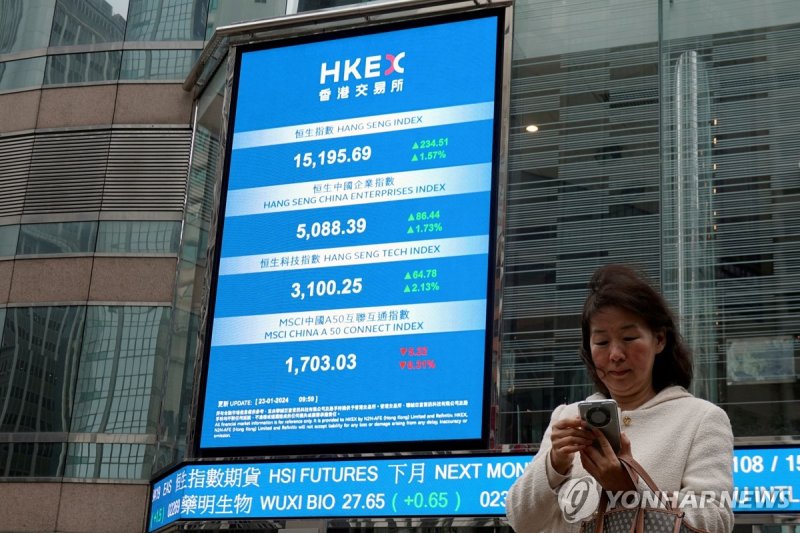 한 고객이 홍콩 센트럴의 대형 증시 지수판 앞에서 손전화로 증권 상황을 검색하고 있다. 연합뉴스