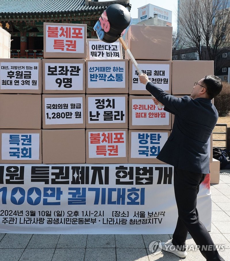 국회의원 특권폐지 촉구 퍼포먼스 (출처=연합뉴스)