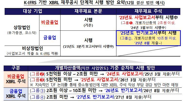 국내 XBRL 본문 및 주석 재무공시 적용 일정 / 자료=금융감독원 제공