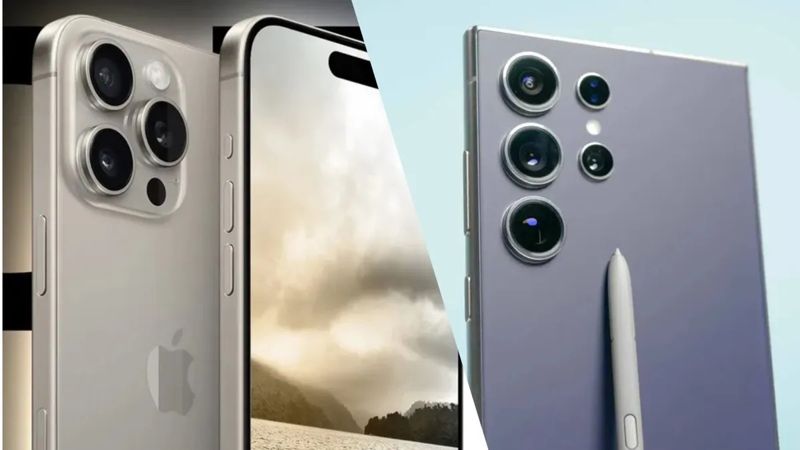 삼성 갤럭시 S24 울트라(오른쪽)와 애플 아이폰 16 프로 맥스 예상 렌더링.