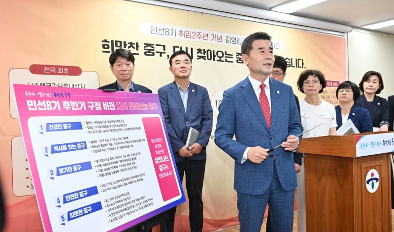 김영길 울산 중구청장이 2일 열린 취임 2주년 기자회견에서 "희망찬 중구, 다시 찾아오는 중구를 만들겠다"라며 포부를 밝히고 있다. 울산 중구 제공