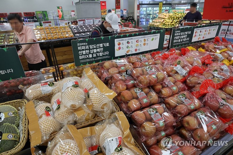 마트에 놓인 과일 과일 가격 강세 지속 (서울=연합뉴스) 박동주 기자 = 소비자물가 상승률이 두 달 연속 2%대 후반으로 둔화하는 흐름을 보였다. 다만, 과일값 고공행진이 이어졌고 등락을 거듭하는 국제유가 상승분이 반영되면서 석유류 가격도 16개월 만에 가장 높은 수준을 나타냈다. 사진은 4일 서울의 한 대형마트 과일 판매대. 2024.6.4 pdj6635@yna.co.kr (끝)