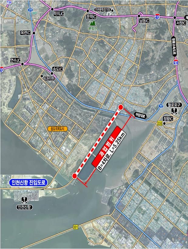 기획재정부 예비 타당성 조사를 통과한 인천신항 진입도로 지하차도 건설사업의 위치도. 인천경제청 제공.