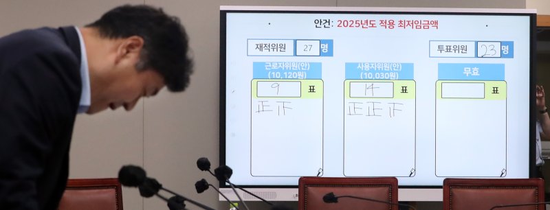 12일 세종시 정부세종청사 최저임금위원회에서 열린 제11차 전원회의에서 2025년도 적용 최저임금액이 1만30원으로 결정된 뒤 이인재 위원장이 브리핑을 준비하고 있다. /사진=뉴스1