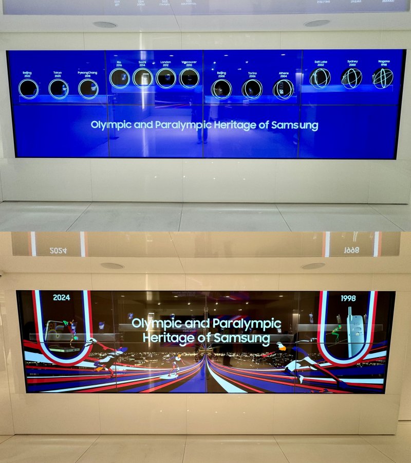 [파리=뉴시스] 윤정민 기자 = 11일 오후(현지시각) 프랑스 파리 샹젤리제 125번가에 위치한 삼성 올림픽 체험관. 1988년 나가노 동계 올림픽부터 지난 2022년 베이징 동계 올림픽까지 선보였던 올림픽 에디션들. 2024.07.15. alpaca@newsis.com