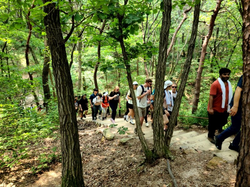 '서울 도심 10대 명산 챌린지' 발대식에 참여한 외국인들이 북한산 둘레길을 오르고 있다. 뉴시스