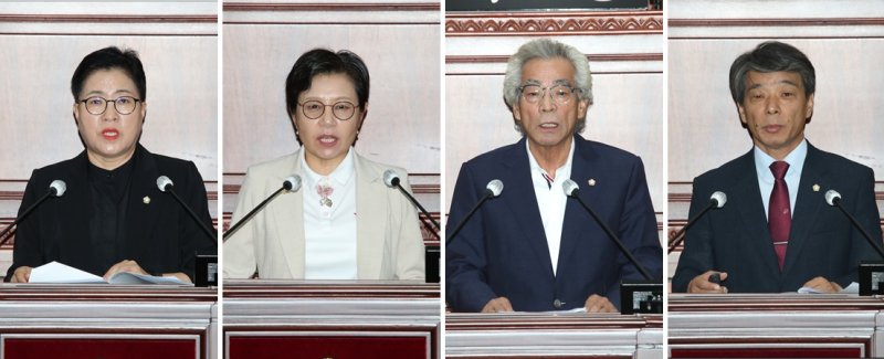 16일 정읍시의회 제297회 임시회 제1차 본회의, 왼쪽부터 한선미 의원, 서향경 의원, 김승범 의원, 이도형 의원이 각각 '5분 자유발언'을 펼치고 있다. *재판매 및 DB 금지