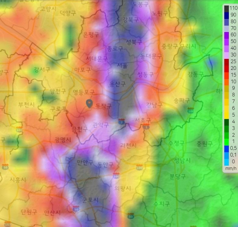 서울 지역 강우 현황(오전 4시 현재) 자료=기상청 레이더