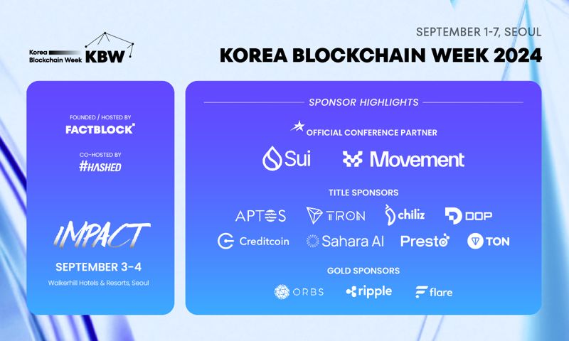 글로벌 블록체인·웹3 페스티벌 ‘코리아블록체인위크 2024(KBW 2024)’ 주최사 팩트블록은 KBW 메인 행사인 ‘임팩트(IMPACT)’의 주요 스폰서를 24일 추가 공개했다. 팩트블록 제공