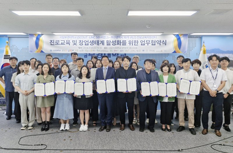 지난 24일 열린 업무협약식에서 국립부경대 류지열 동남권 창업교육 혁신 선도대학 사업단 겸 LINC3.0사업단장(앞줄 왼쪽 네번째) 등 관계자들이 업무협약을 맺고 기념촬영하고 있다. 국립부경대 제공