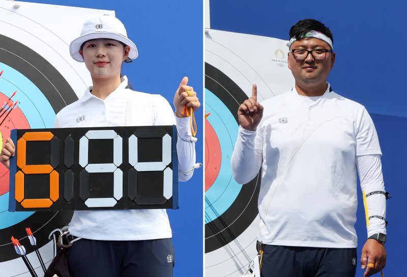 2024 파리올림픽 대한민국 양궁대표팀 임시현(왼쪽)과 김우진이 25일(한국시간) 프랑스 파리 레쟁발리드에서 열린 여자·남자 개인 랭킹 라운드에서 1위를 차지한 후 기념촬영을 하고 있다. 2024.7.25/뉴스1 ⓒ News1 이동해 기자 /사진=뉴스1