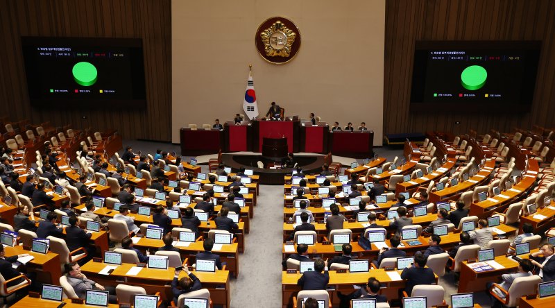 28일 새벽 서울 여의도 국회에서 열린 본회의에서 KBS의 이사수를 21명으로 확내하는 내용을 골자로 한 방송법 일부개정법률안(대안)이 재석 189인 중 찬성 189표로 가결되고 있다. 국민의힘 의원들은 표결에 불참해 자리가 비어 있다. 뉴스1