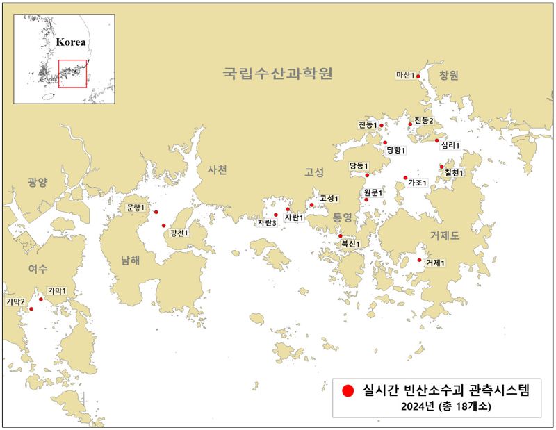 ‘실시간 물덩어리 부이관측 시스템’을 운영하는 수과원 관측소 18개소 위치도. 국립수산과학원 제공