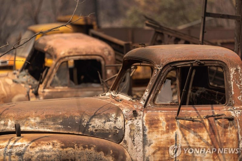산불로 검게 탄 트럭 CHICO, CALIFORNIA - JULY 28: Burned trucks are seen near the small community of Payne Creek is seen at the Park Fire, which has grown to 360,141 acres and is 12 percent contained, on July 28, 2024 near Chico, California. Strong winds and dried vegetation fueled the fire that exploded 70,