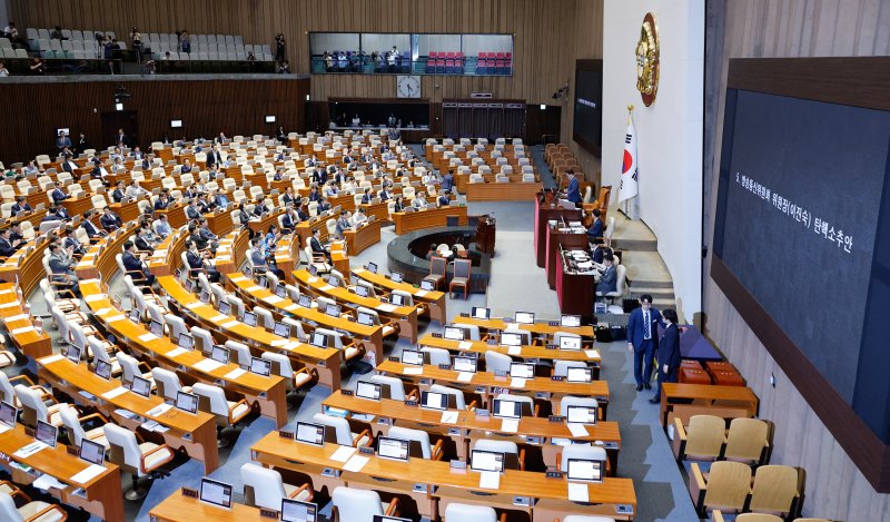 우원식 국회의장이 2일 오후 국회에서 열린 본회의에서 '이진숙 방송통신위원회 위원장 탄핵소추안'이 재적 300인, 재석 188표 중 찬성 186표, 반대 1표, 무효 1표로 통과됐음을 알리고 있다. 뉴스1